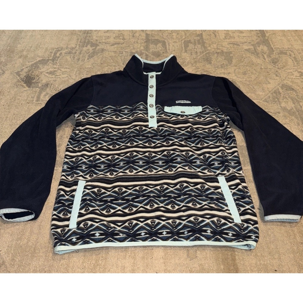 Cinch Womens Sz Large Blue Multi  Mixed Print Polar Fleece Pullover 1/4 Snap